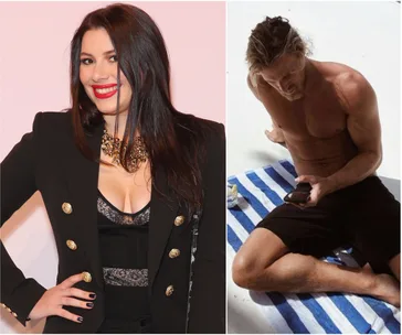 Jett Kenny shirtless on a beach towel and Francesca Packer in a black outfit with red lipstick, side by side.