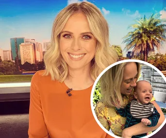 Smiling woman in a studio and inset image of her holding a baby outdoors, with cityscape and palm tree backdrop.