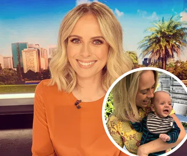 Smiling woman in a studio and inset image of her holding a baby outdoors, with cityscape and palm tree backdrop.