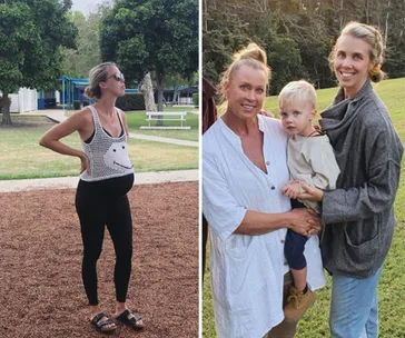 A pregnant woman in a playful top, and two women with a child, outdoors in park settings.