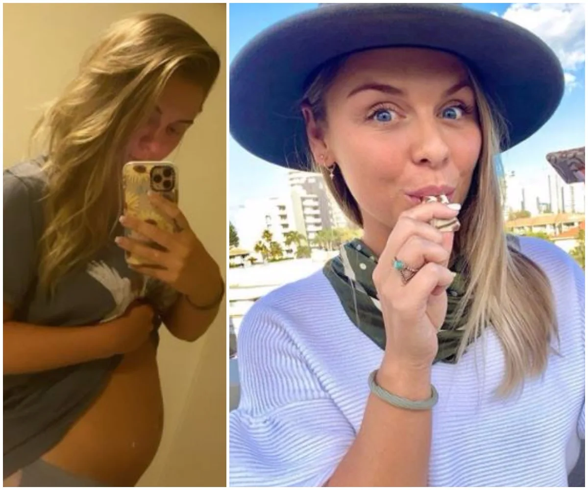 Pregnant woman in a mirror selfie on the left; same woman outdoors with a hat, enjoying a snack on the right.
