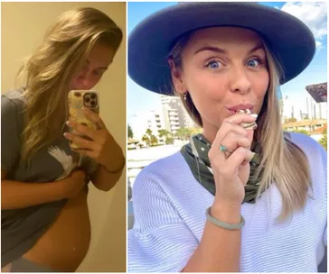 Pregnant woman in a mirror selfie on the left; same woman outdoors with a hat, enjoying a snack on the right.
