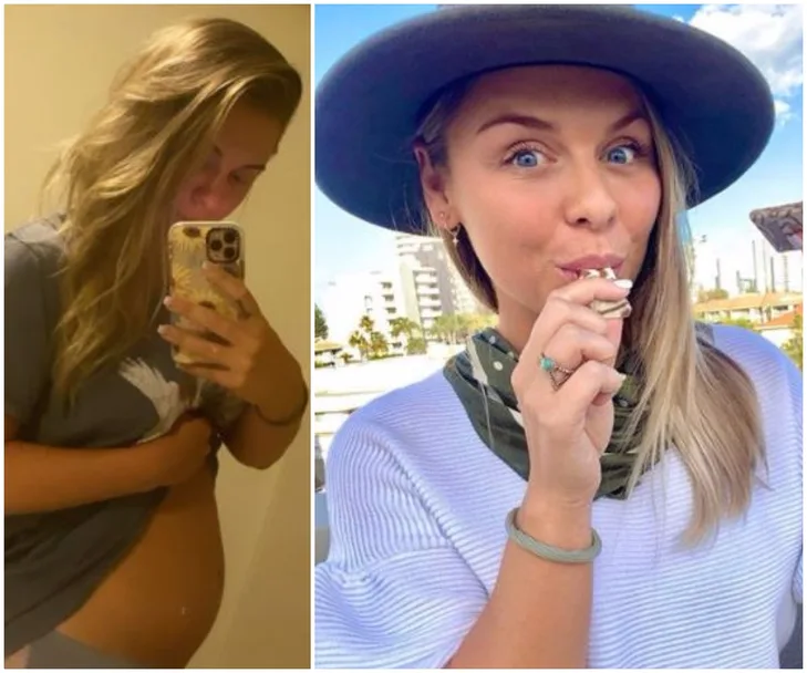 Pregnant woman in a mirror selfie on the left; same woman outdoors with a hat, enjoying a snack on the right.