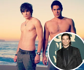Two shirtless men standing on the beach at sunset with an inset of a man in a tuxedo at an event.