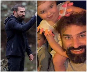 Father with beard outdoors; on right, smiling with two children, one on shoulders, all happy.