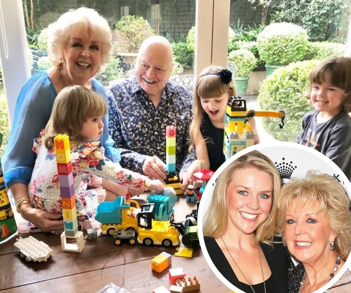 Grandparents playing with three children and toy blocks at a table; inset shows two women smiling at the camera.