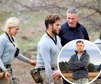 Three people in outdoor gear on "SAS Australia" training, with an inset of an instructor crossing his arms.