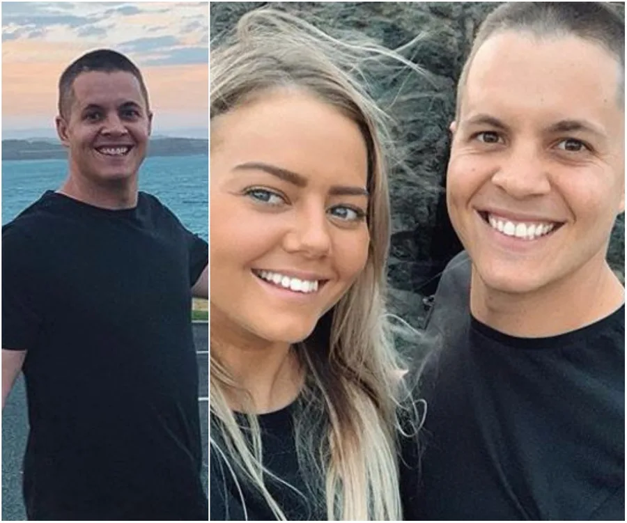 A person smiling by the ocean and a close-up selfie with a woman smiling beside them.