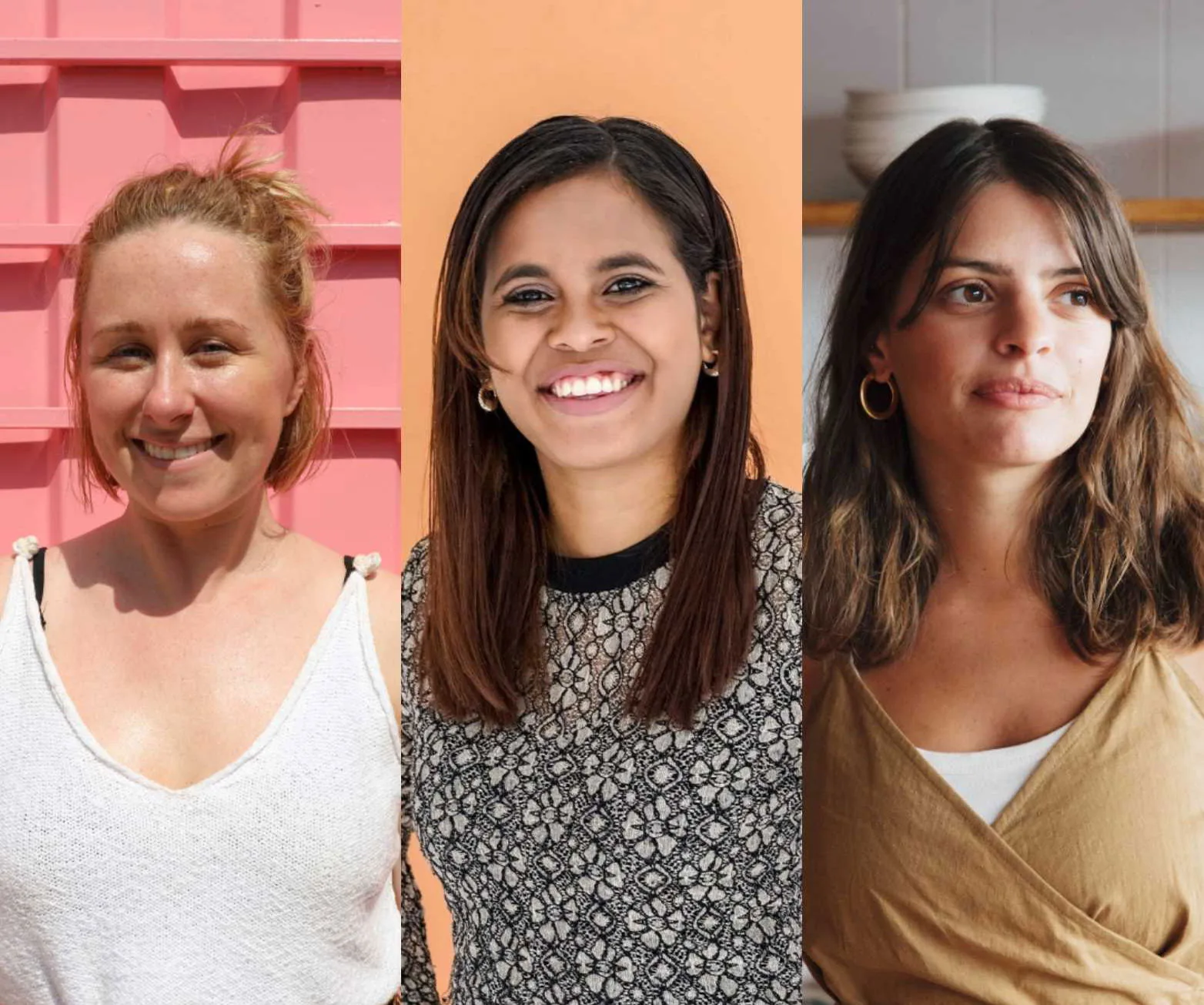 Three women smiling, representing finalists for the Women of the Future 2020 awards, standing against colorful backgrounds.