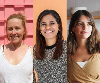 Three women smiling, representing finalists for the Women of the Future 2020 awards, standing against colorful backgrounds.