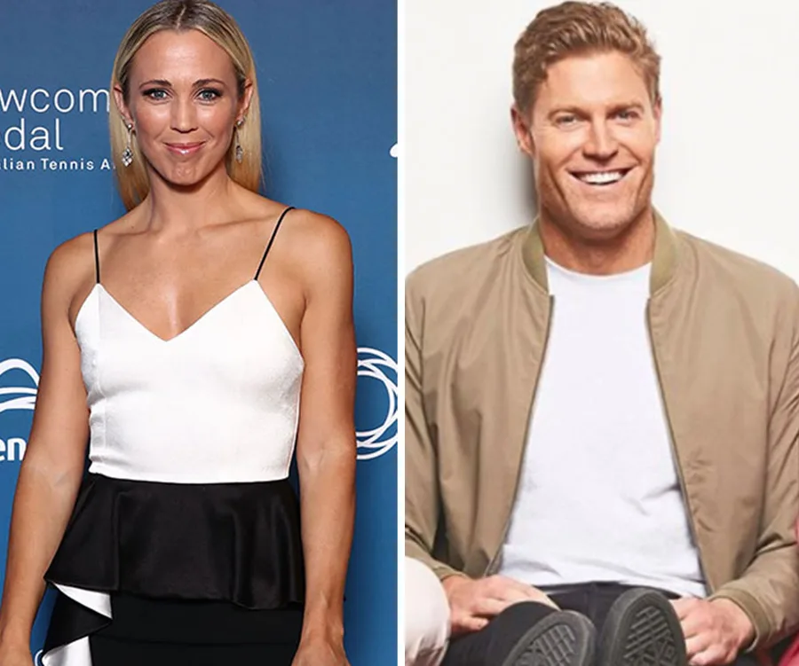 Two people are pictured; one in a formal white-and-black dress, the other in a casual tan jacket and white shirt.