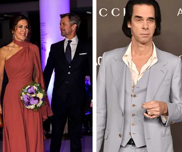 A woman in a red dress with a bouquet and a man in a suit, alongside a man in a light blue suit against a backdrop.