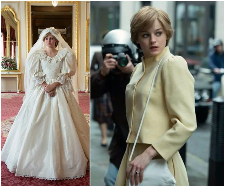 "Emma Corrin as Princess Diana in a wedding dress and yellow suit in The Crown."