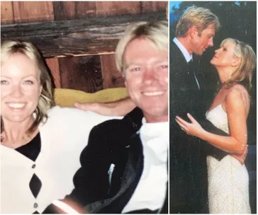 A couple smiling on a couch; another image of them in formal attire embracing and looking into each other's eyes.