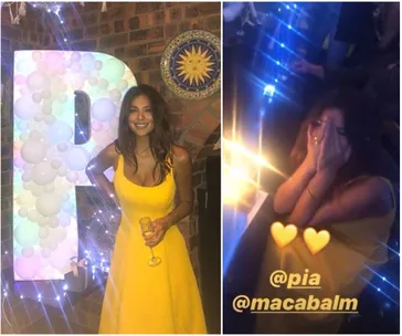 Woman in a yellow dress with a light-up "P" and balloons, then covering her face with fairylights around.