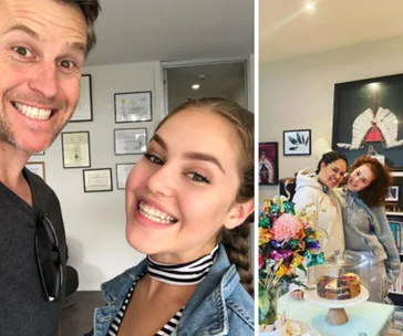 Two happy selfies: left, man and woman smiling; right, two women posing with a cake on a table.