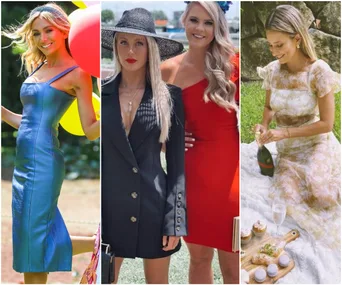 Women in stylish dresses at Melbourne Cup 2020, featuring blue, red, and floral outfits with accessories.