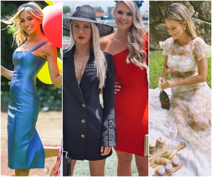 Women in stylish dresses at Melbourne Cup 2020, featuring blue, red, and floral outfits with accessories.