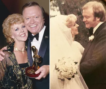 Couple smiling with award; wedding day photo of the same couple sharing a moment, in elegant attire.