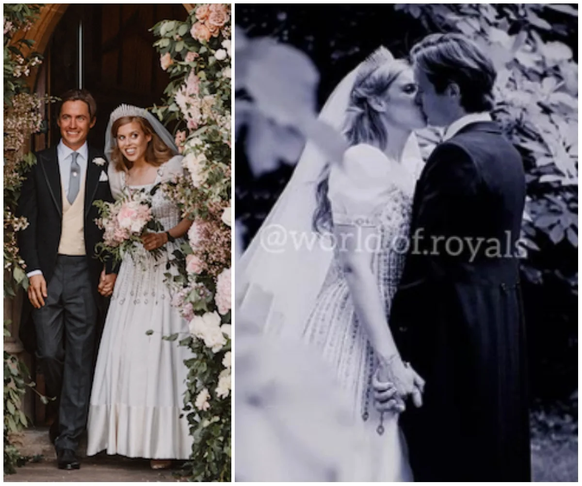 Bride and groom at wedding, holding hands under floral arch; kissing in another photo.