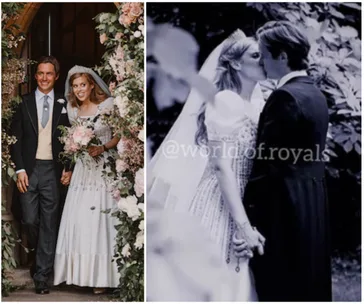 Bride and groom at wedding, holding hands under floral arch; kissing in another photo.