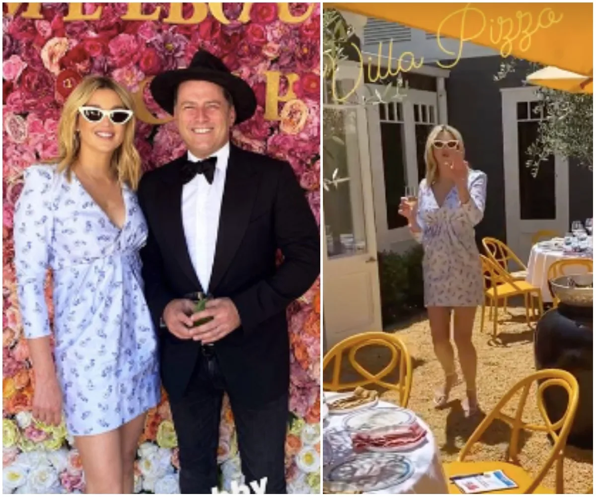Two people posing at an event with a floral backdrop, and a woman enjoying an outdoor setting with table and chairs.
