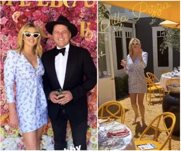 Two people posing at an event with a floral backdrop, and a woman enjoying an outdoor setting with table and chairs.