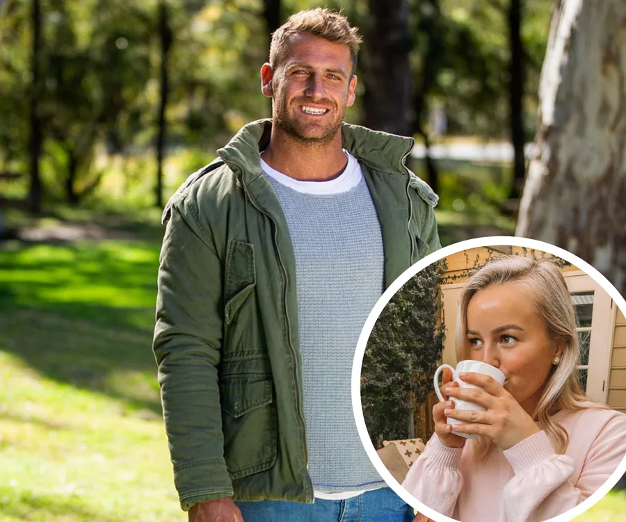 A man in a green jacket stands outside; inset shows a woman drinking from a mug.