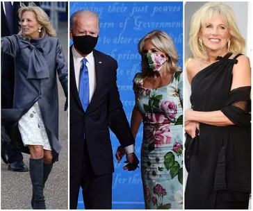 Jill Biden in varied outfits: a grey coat, floral dress, and black evening gown, showcasing her fashion style.