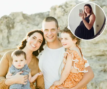 Family of four smiling outdoors, mother holding baby, father with daughter. Inset: woman taking mirror selfie, pregnant.