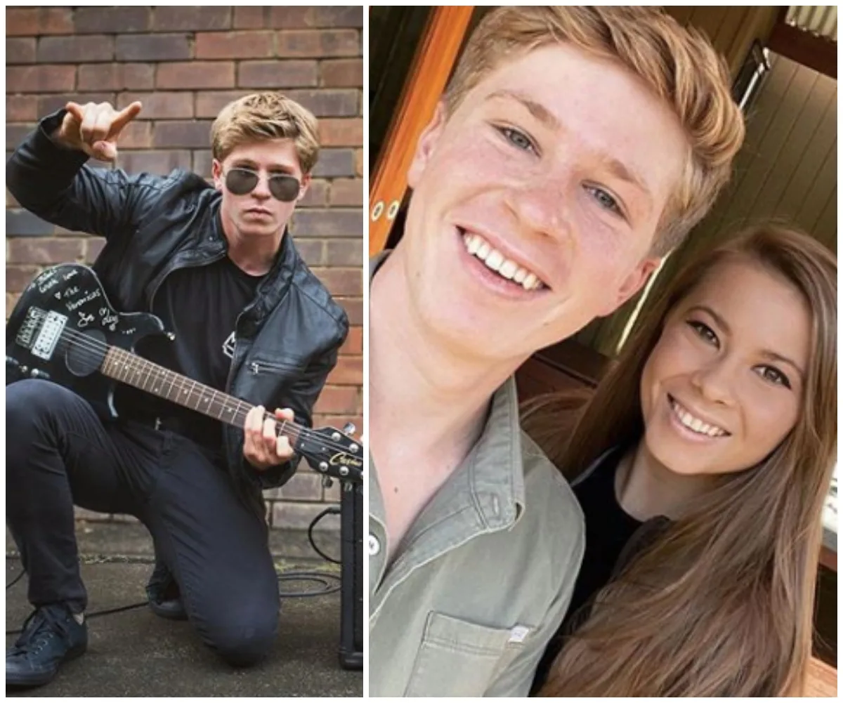 Two images: left, a person with a guitar posing against a brick wall; right, two people smiling for a selfie.