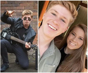 Two images: left, a person with a guitar posing against a brick wall; right, two people smiling for a selfie.