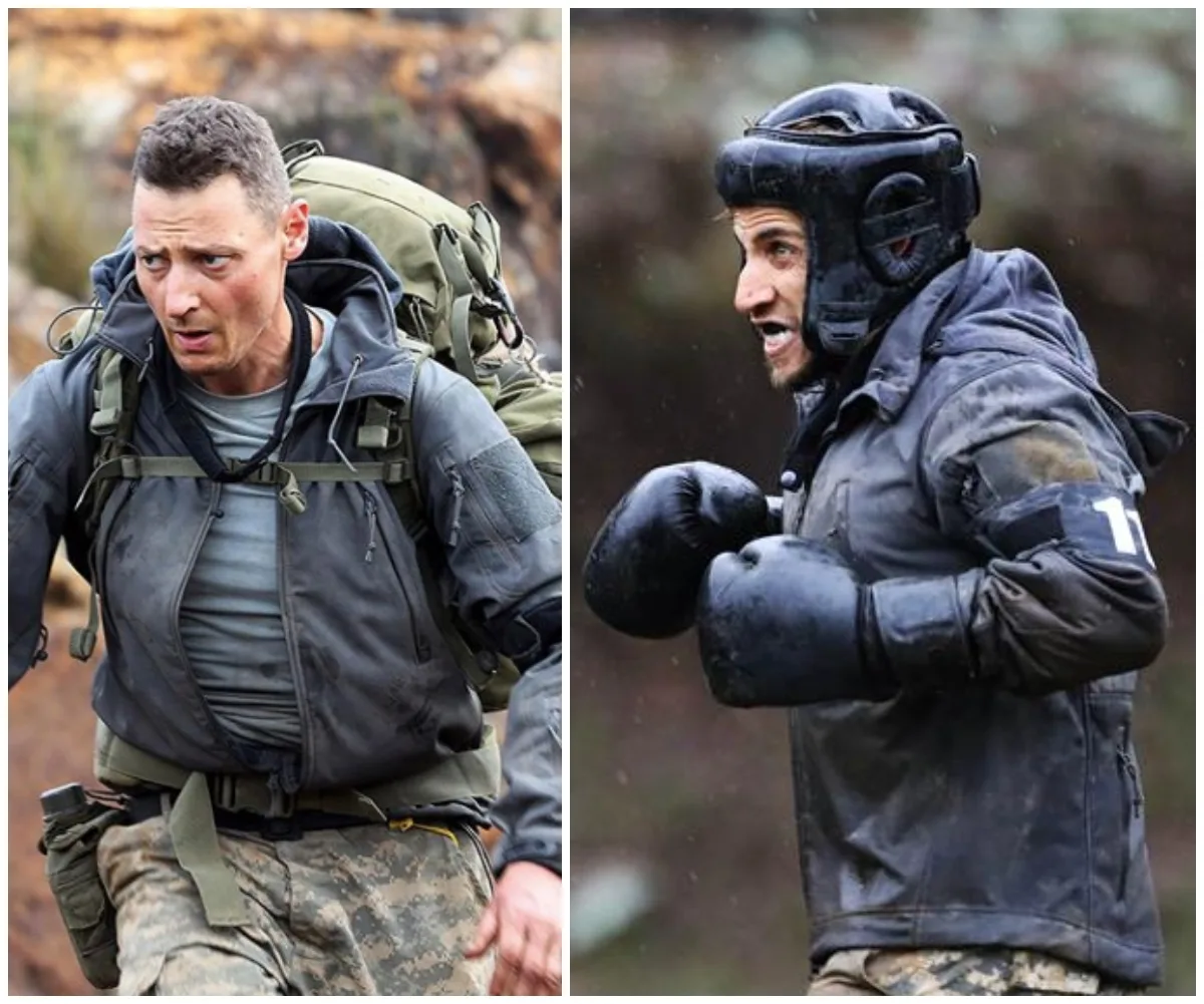 Two contestants on SAS Australia: one carrying a backpack and another in boxing gear, appear engaged in intense challenges.