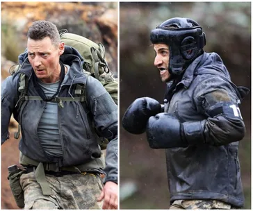 Two contestants on SAS Australia: one carrying a backpack and another in boxing gear, appear engaged in intense challenges.