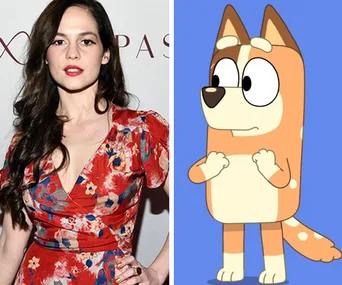 Woman in floral dress next to cartoon dog, Bluey's Mum, from the show "Bluey" on a blue background.