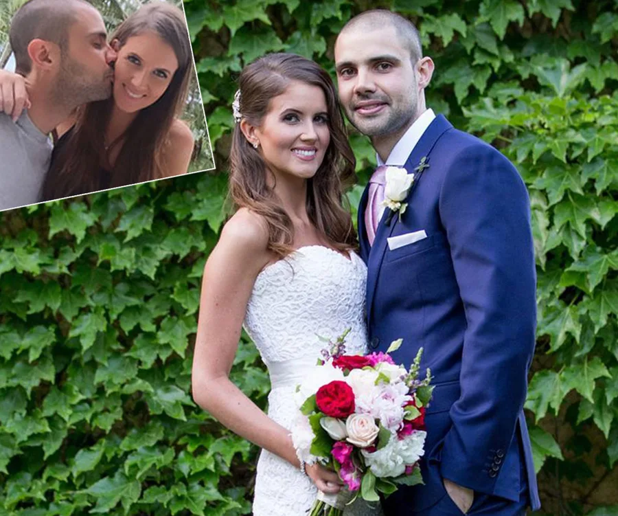Bride and groom pose happily outdoors; inset shows couple sharing a casual moment.