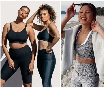 Women in activewear posing confidently; two in black outfits, one in patterned set, on a beach.