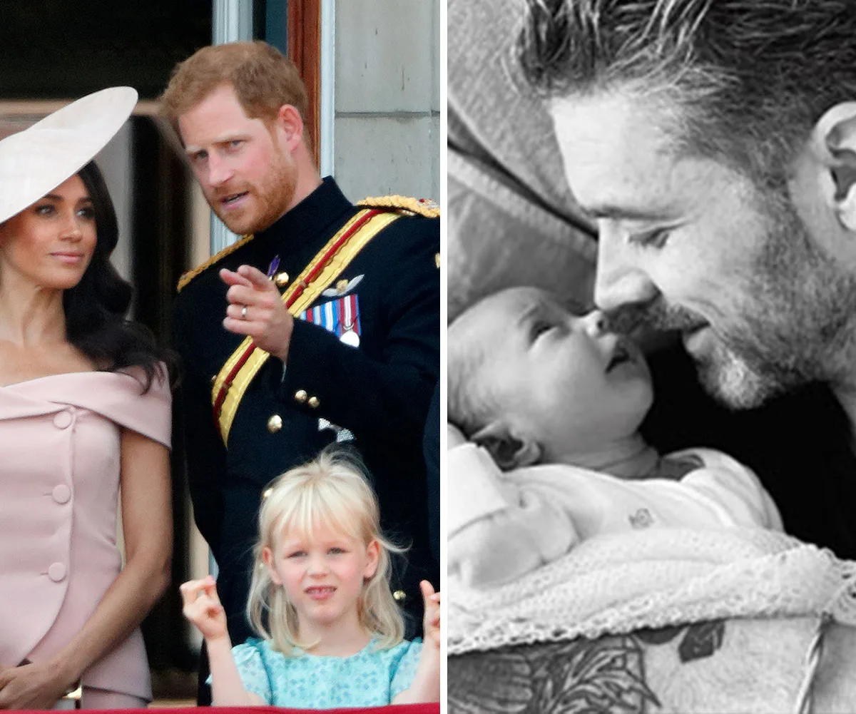 Left: A man in a military uniform with a woman and girl. Right: A man lovingly looks at a baby.