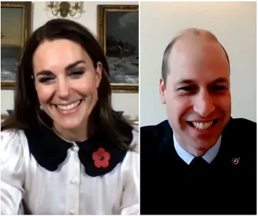 Two people smiling during a video call, each wearing a red poppy.