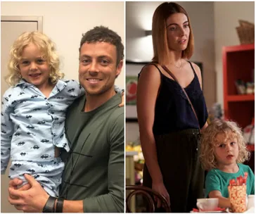 A man holding a child in pajamas (left); a woman and child in a home setting (right).