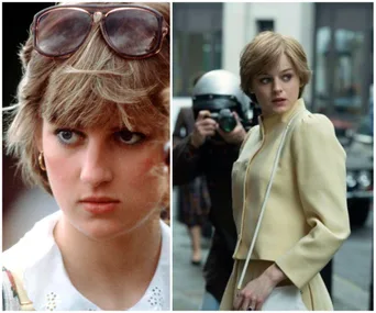 A split image of a woman with sunglasses on her head and another woman being photographed by paparazzi.