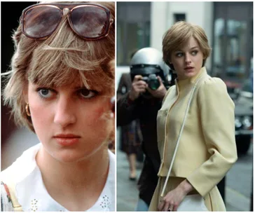 A split image of a woman with sunglasses on her head and another woman being photographed by paparazzi.