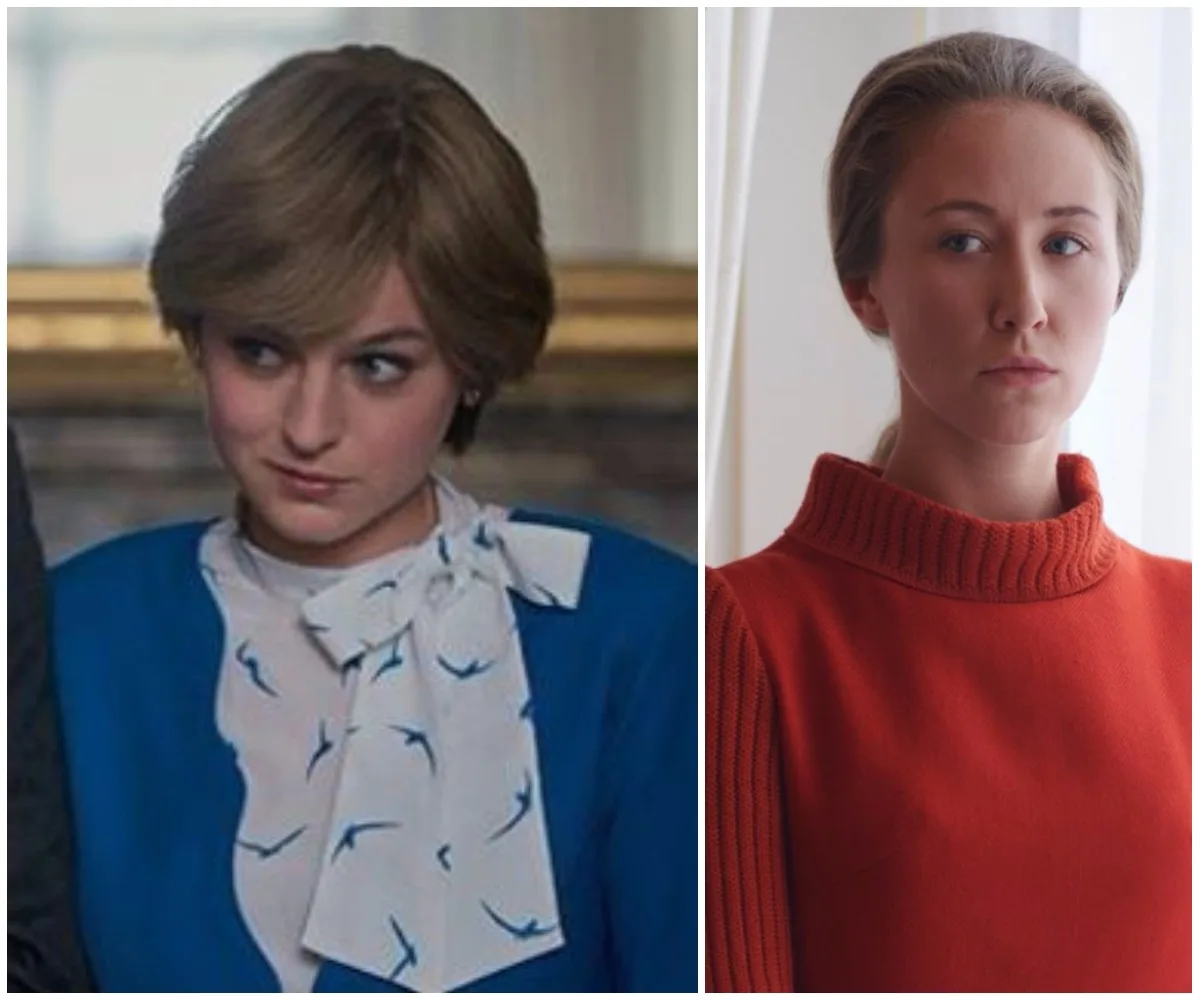 Two women side by side, one wearing a blue and white outfit and the other in a red sweater, both looking serious.