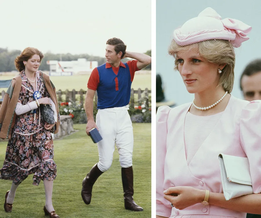 "Two images: Left shows a man in polo attire with a woman in a floral dress, right shows a woman in pink with a hat and pearls."