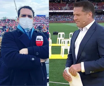 Two men in different settings: one with a Sky News microphone and mask, the other on a sports field holding papers.