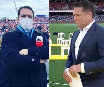 Two men in different settings: one with a Sky News microphone and mask, the other on a sports field holding papers.