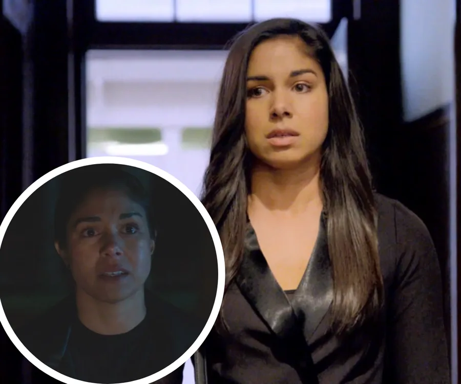 A woman with long dark hair looks concerned; inset shows same woman in dim lighting, both from a TV scene.