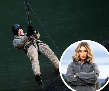 An individual ziplining over water in military gear; another with folded arms in gray jacket.