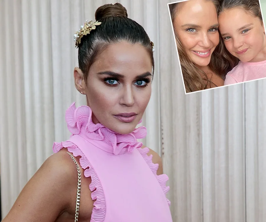 Woman in a pink dress with hair up and floral clip, inset shows her smiling with a girl wearing pink.