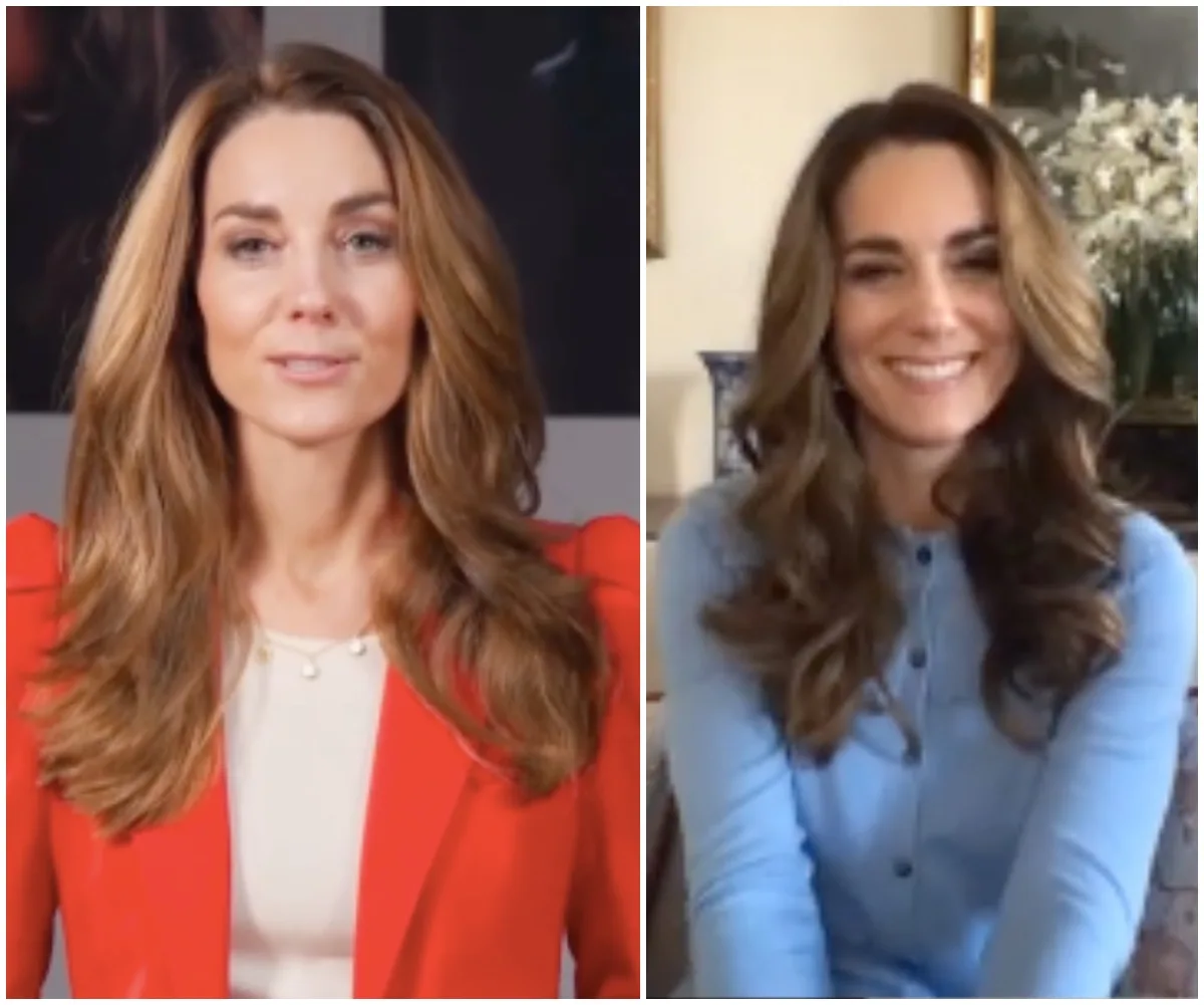 Royal woman wearing red jacket in one video call, smiling in blue outfit in another.